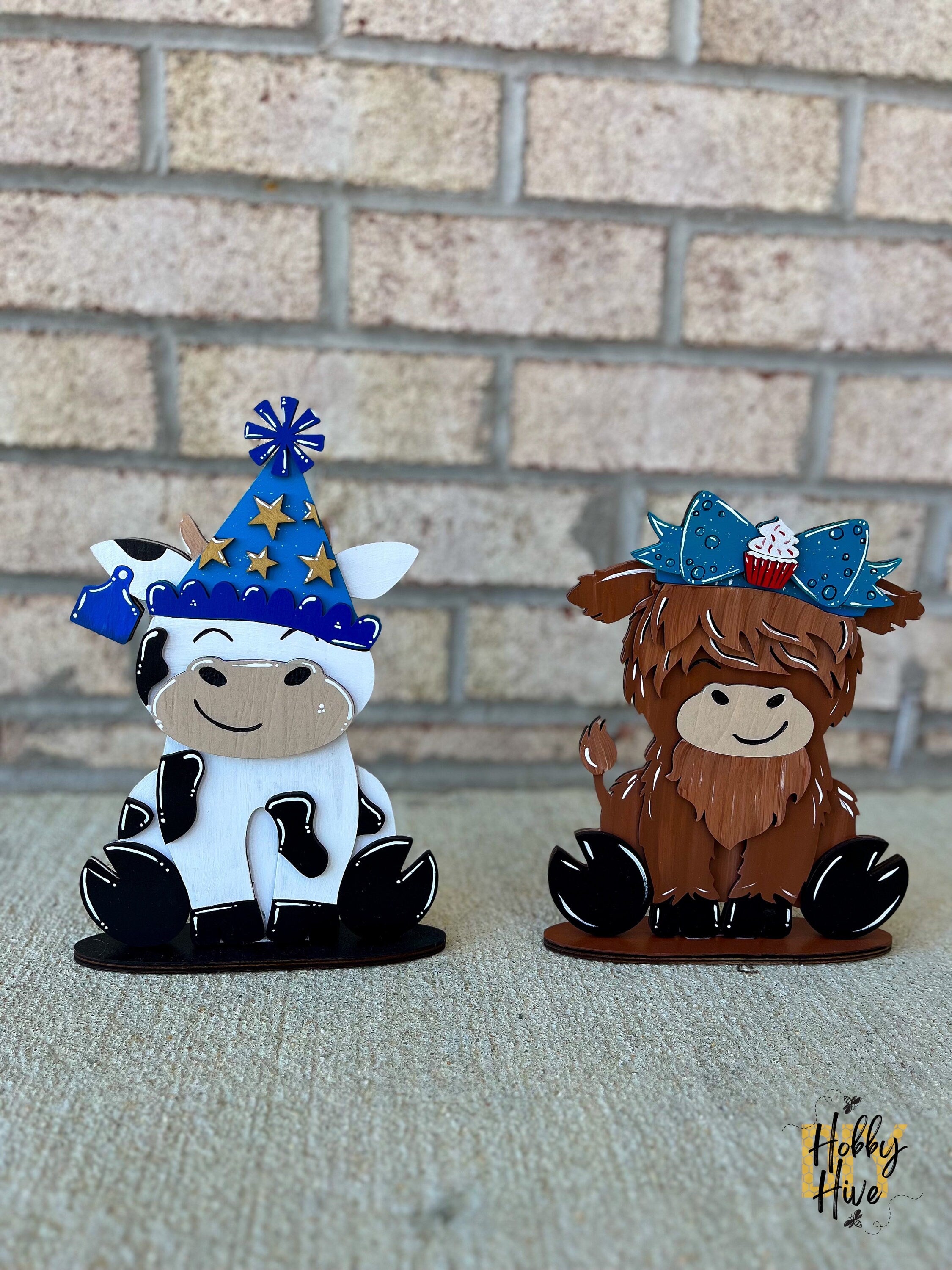 Highland Cow or Dairy Cow Desk Buddy with Birthday Hat