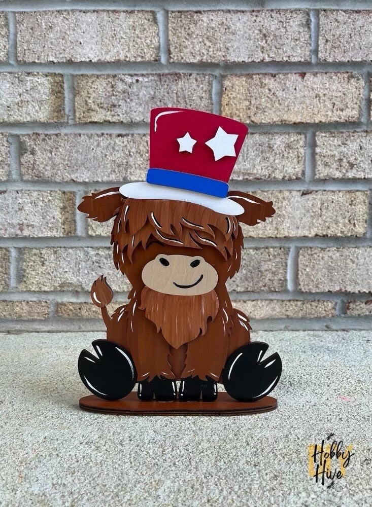 Holiday Highland Cow Shelf Table Desk Sitter with Interchangeable Seasonal Hats