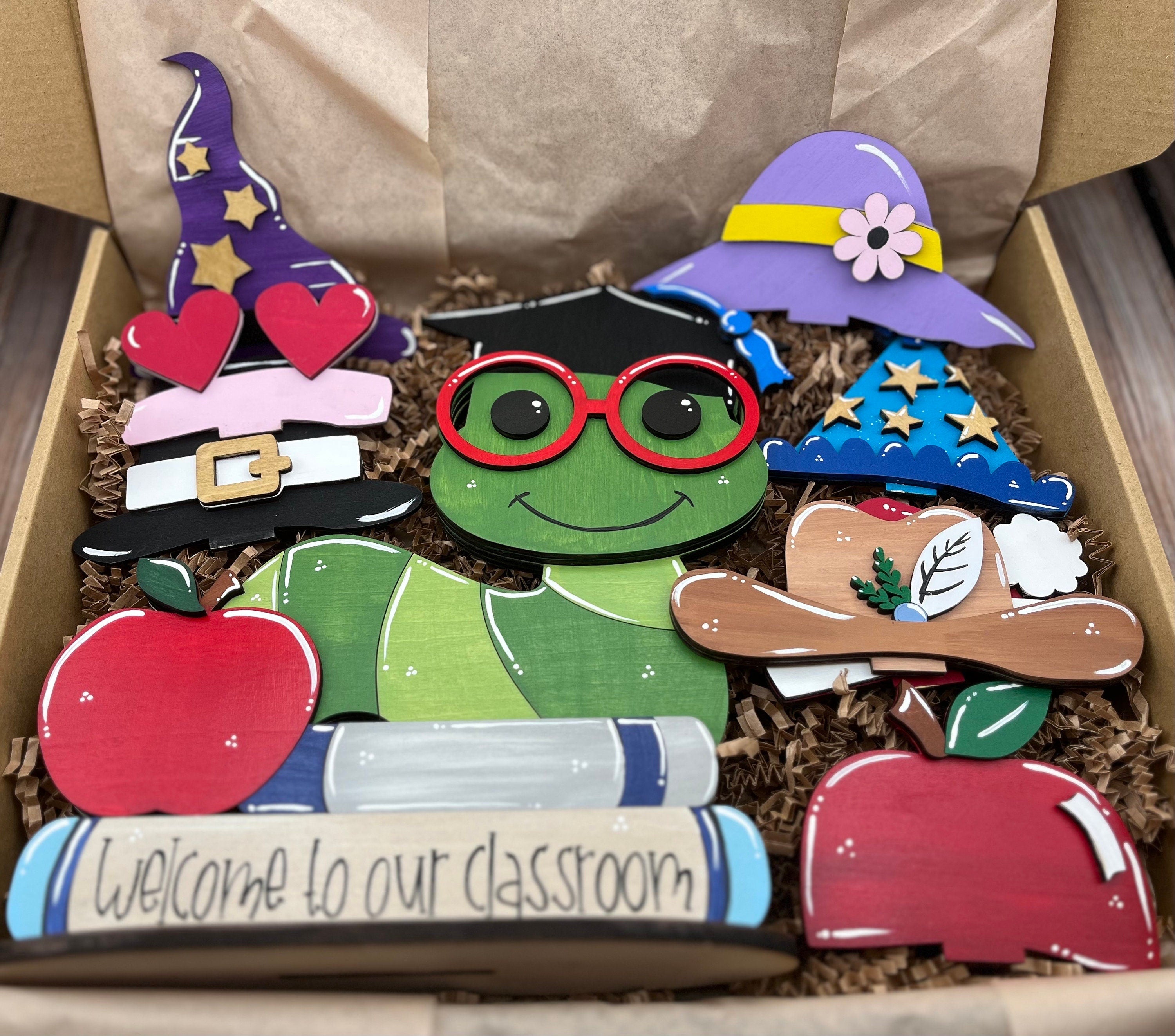 Personalized Bookworm Teacher Desk Buddy with 10 Festive Hats