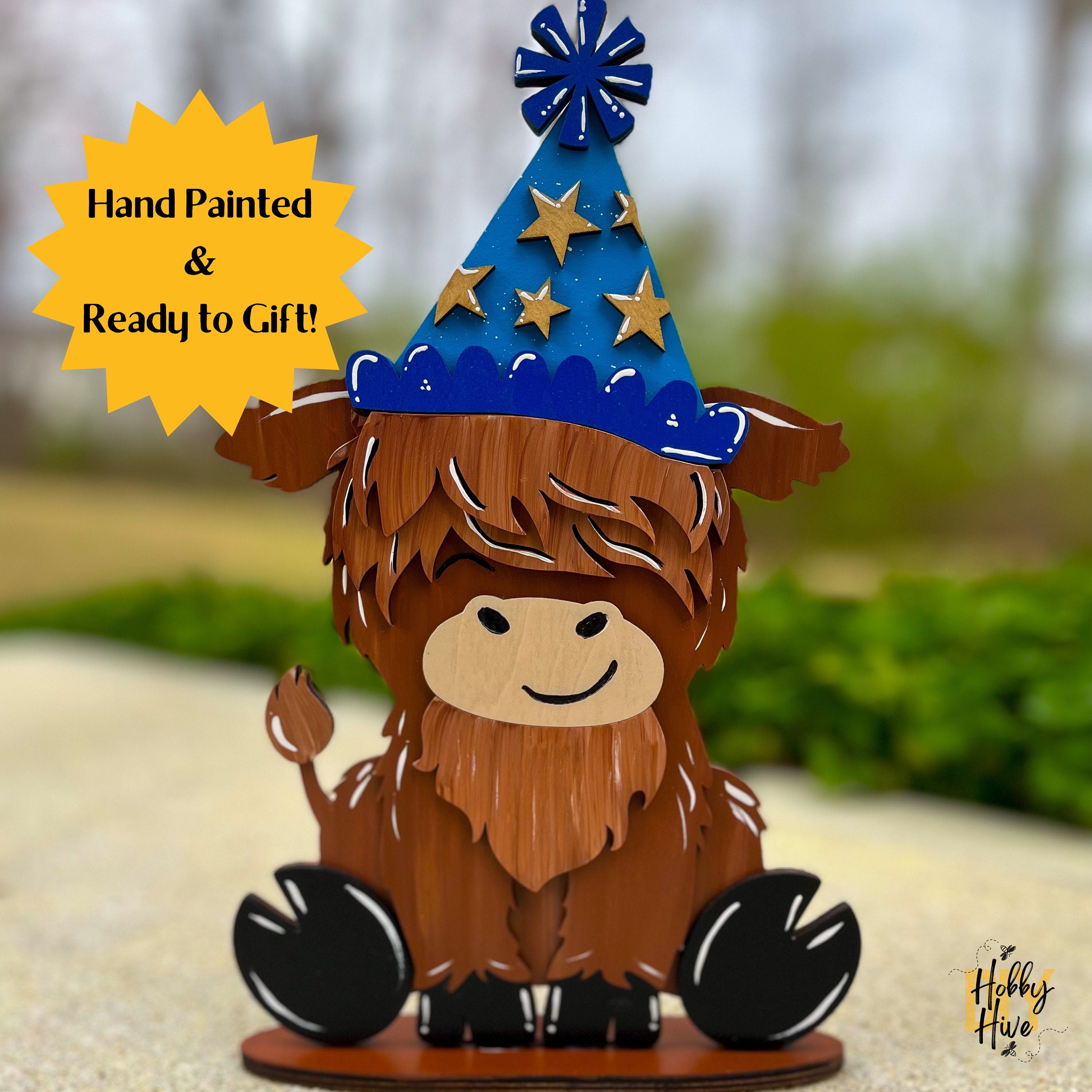 Highland Cow or Dairy Cow Desk Buddy with Birthday Hat