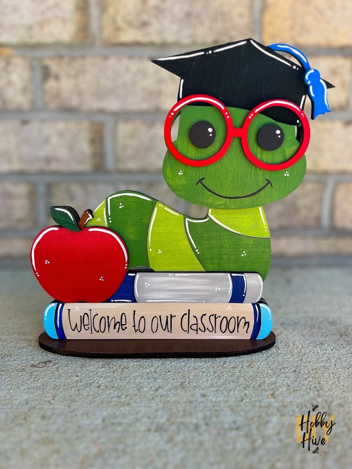 Personalized Bookworm Teacher Desk Buddy with 10 Festive Hats