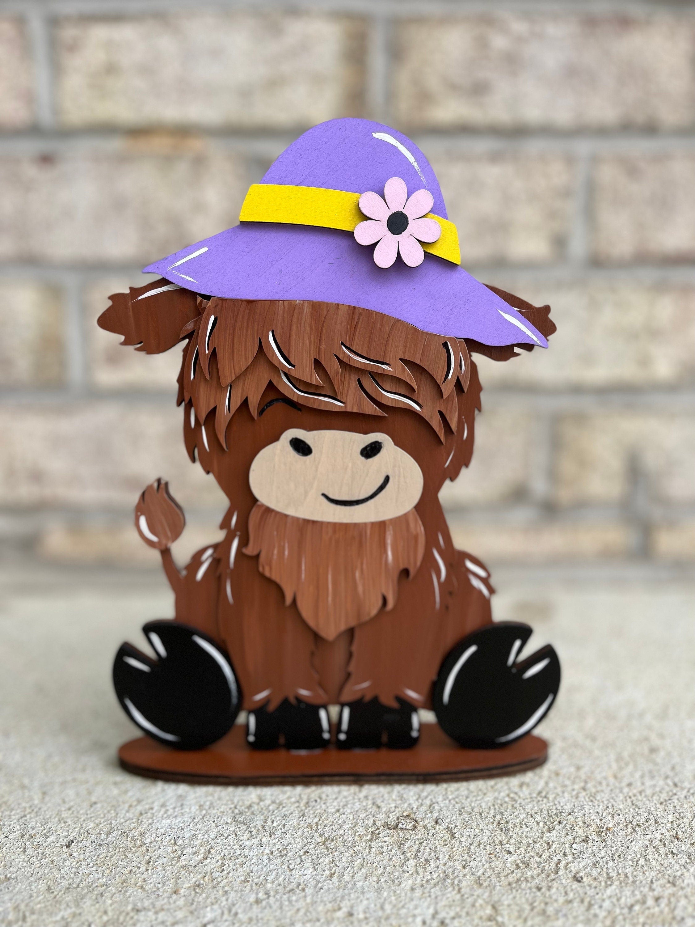 Holiday Highland Cow Shelf Table Desk Sitter with Interchangeable Seasonal Hats