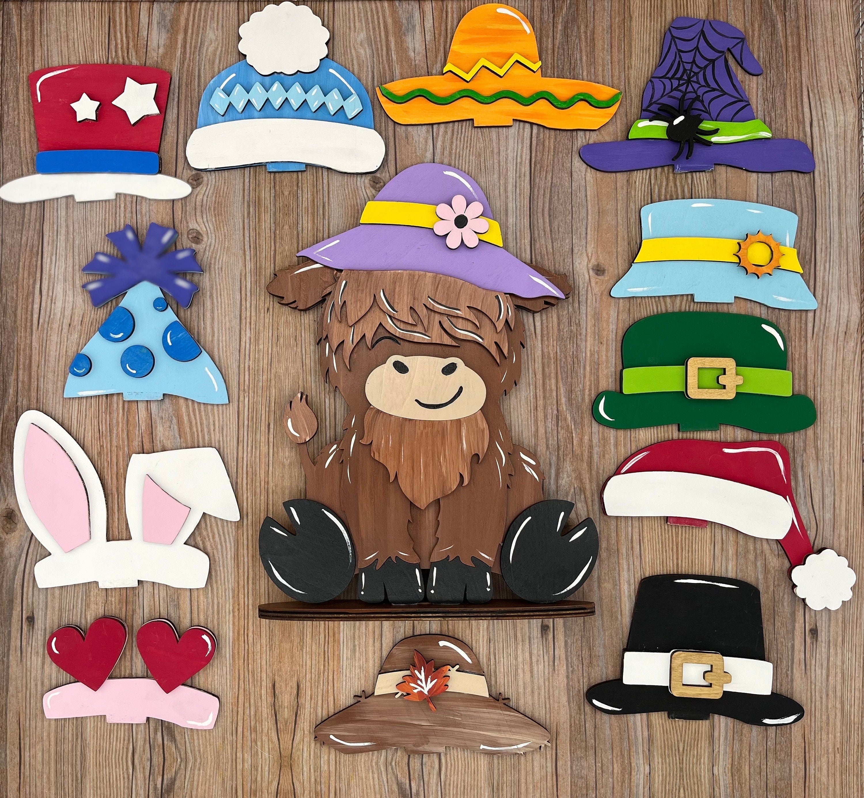 Holiday Highland Cow Shelf Table Desk Sitter with Interchangeable Seasonal Hats