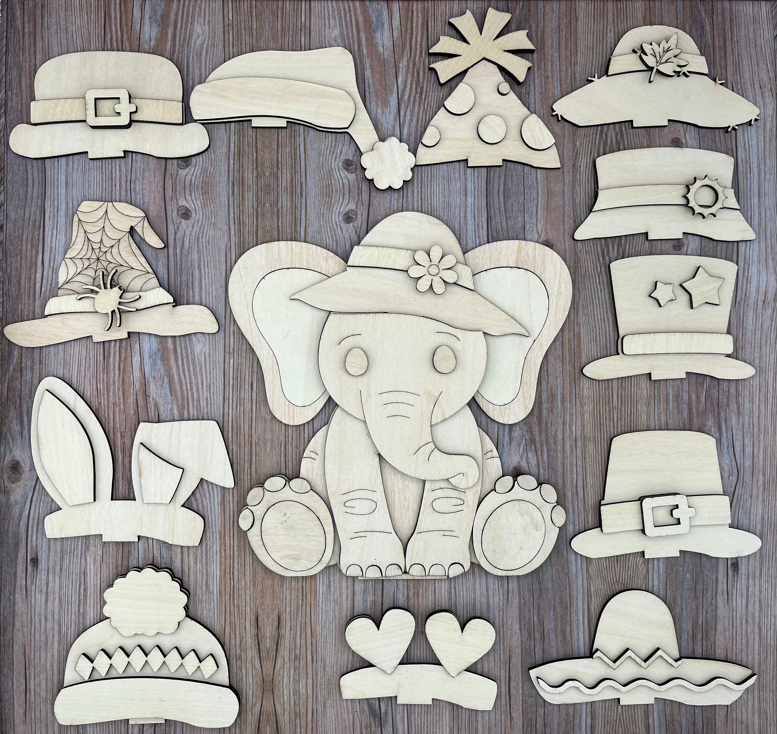 Paint Your Own Elephant Interchangeable Sign with Seasonal and Holiday Hats