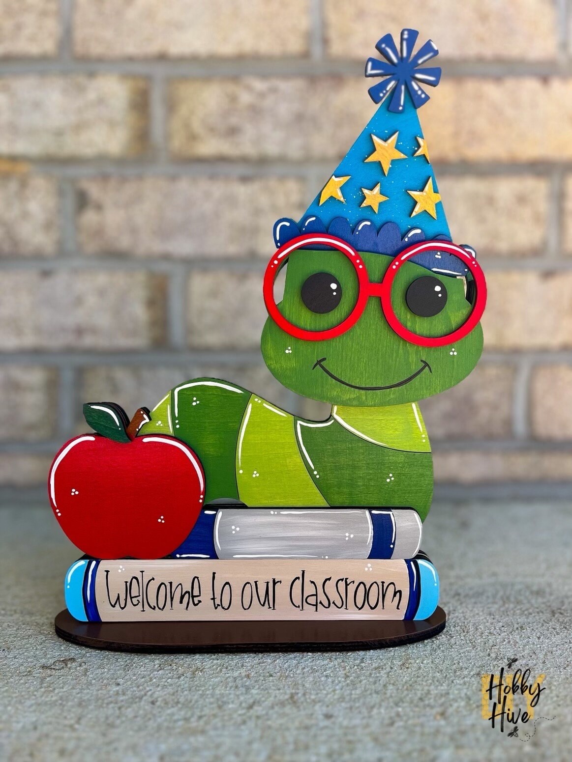 Personalized Bookworm Teacher Desk Buddy with 10 Festive Hats
