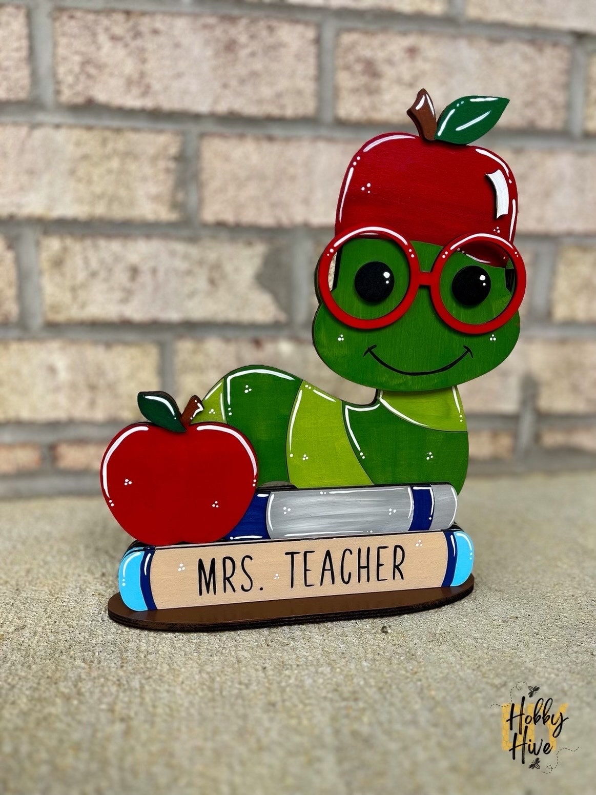 Personalized Bookworm Teacher Desk Buddy with 10 Festive Hats