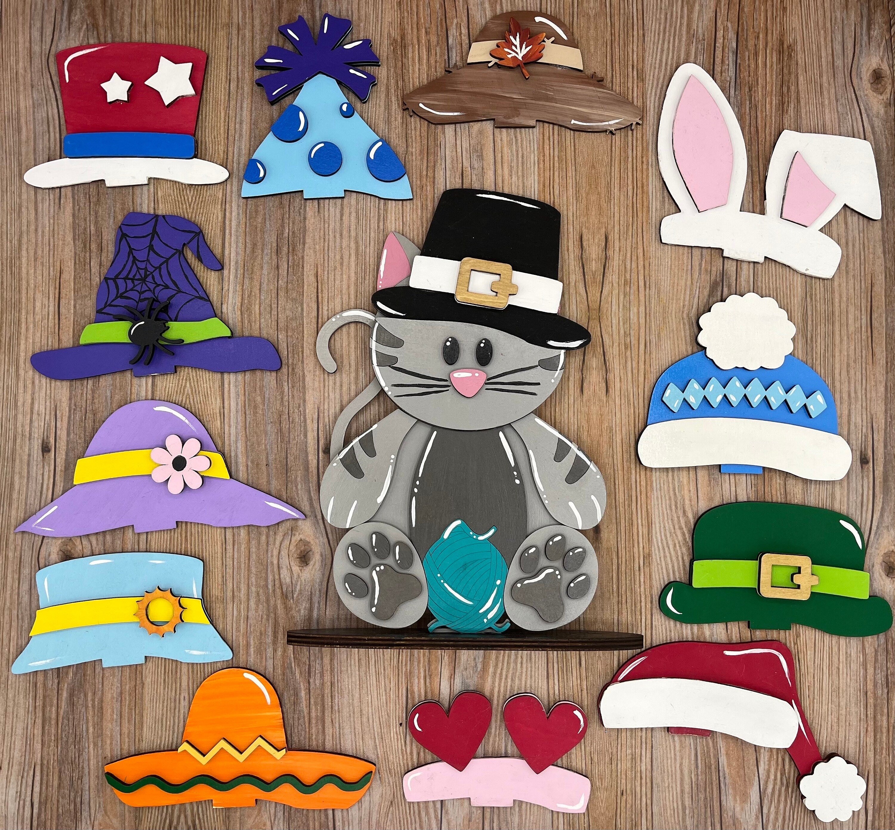 Interchangeable Cat Shelf Table Desk Sitter with Seasonal Hats for Home Decor