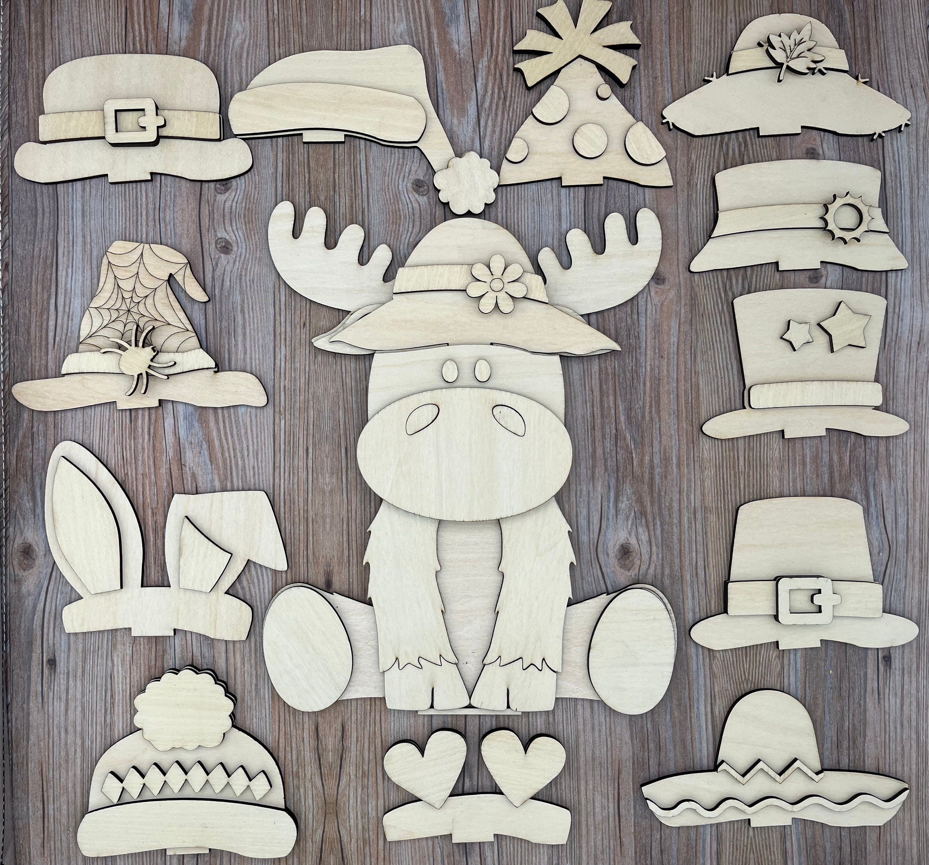 Paint Your Own Moose Interchangeable Sign with Seasonal and Holiday Hats Included
