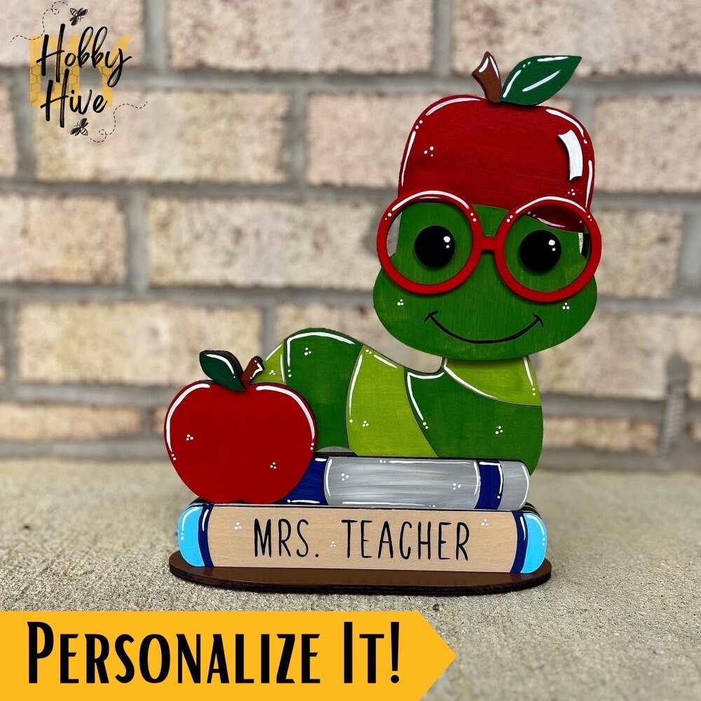 Personalized Bookworm Teacher Desk Buddy with 10 Festive Hats