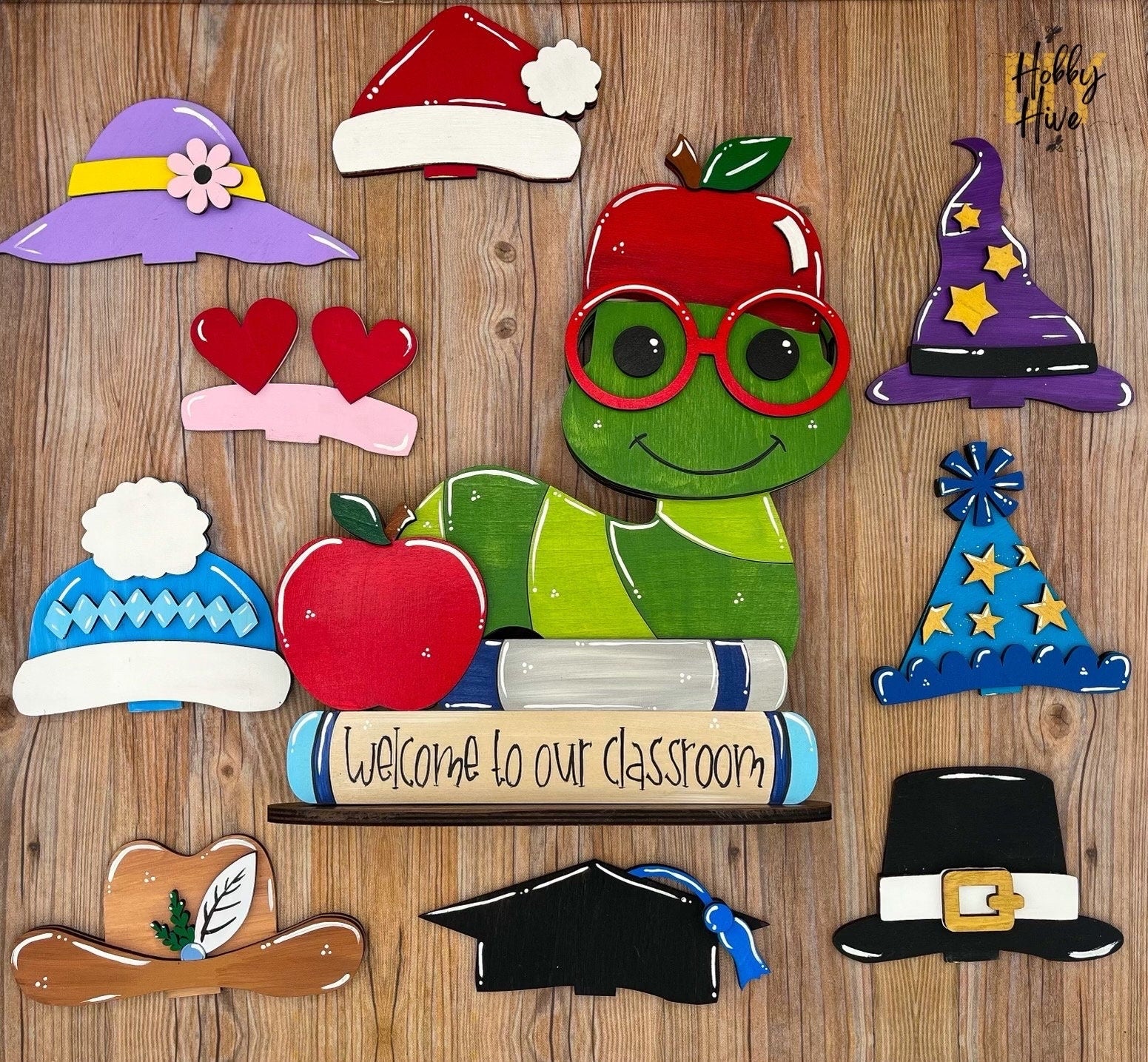 Personalized Bookworm Teacher Desk Buddy with 10 Festive Hats
