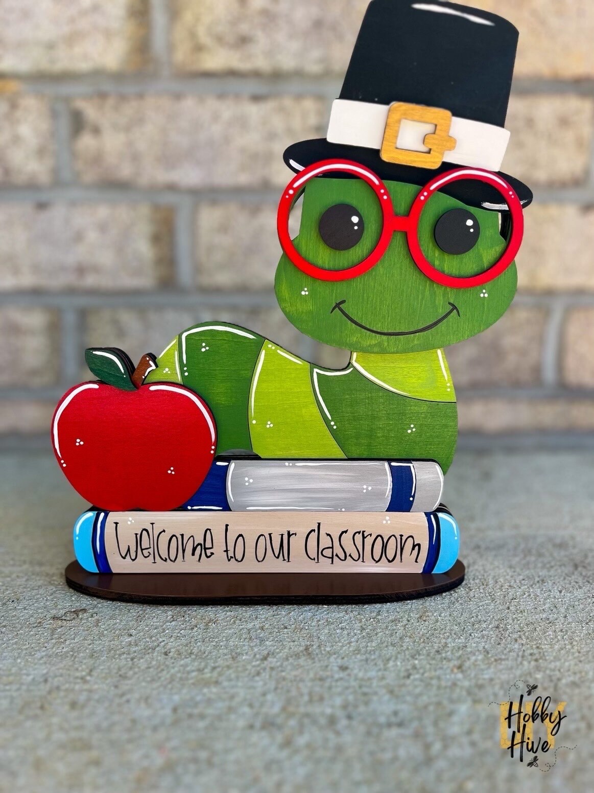 Personalized Bookworm Teacher Desk Buddy with 10 Festive Hats