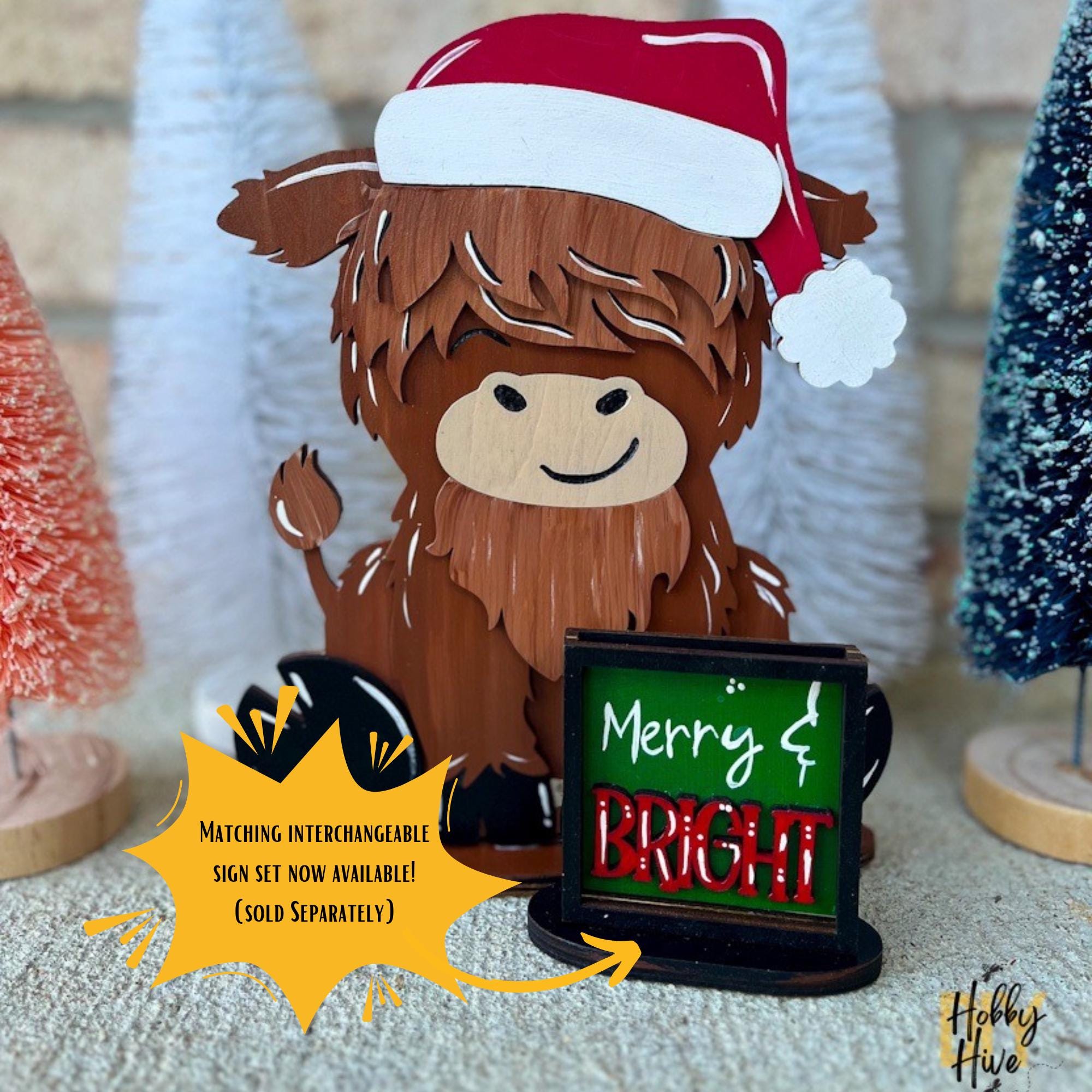 Holiday Highland Cow Shelf Table Desk Sitter with Interchangeable Seasonal Hats